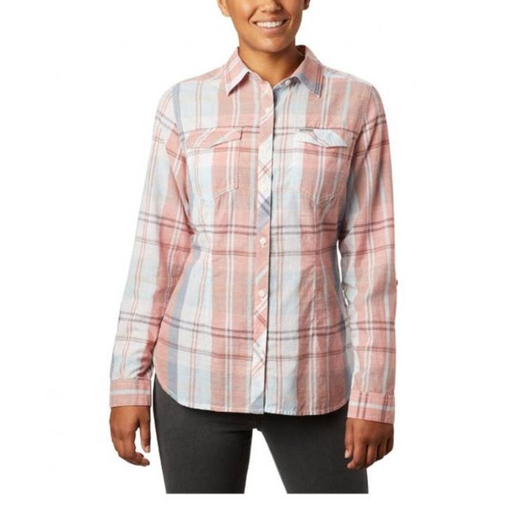 Columbia Camp Henry Long Sleeve Shirt Plaid Peach White Blue Long Sleeves S